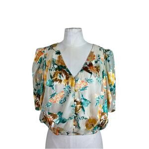 ASTR the Label Floral Puff Sleeve Satin Blouse Cottagecore Top M